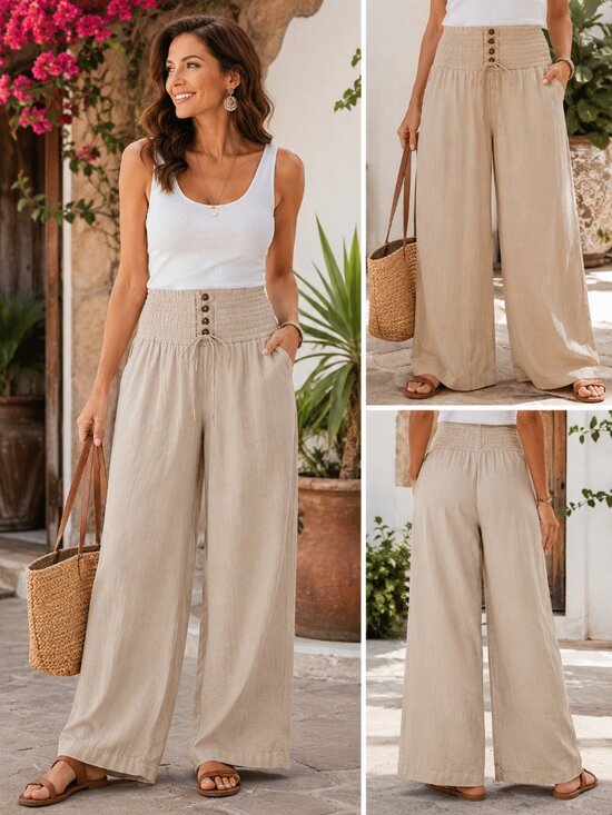 Other Pants - Boho Wide Leg Beige Linen Blend Pants Lace Up Waist Elastic Back Pockets